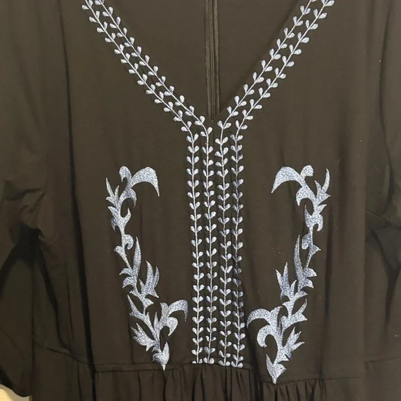 Black Maxi Dress with Blue Embroidered V-Neck 3X - Picture 4 of 6